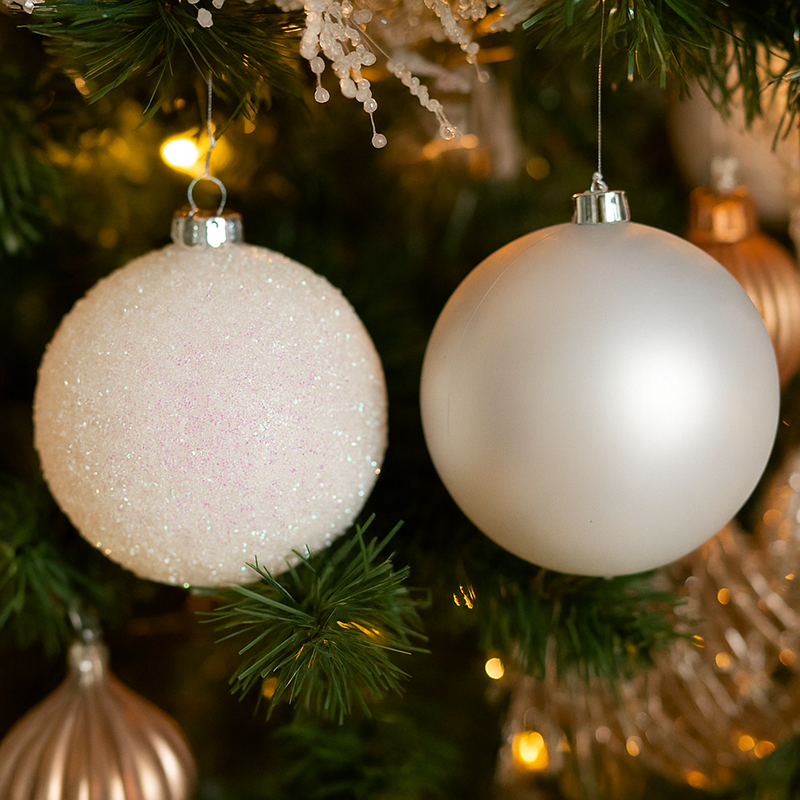 Large 20cm white Christmas bauble with pearl and tinsel finishes assorted