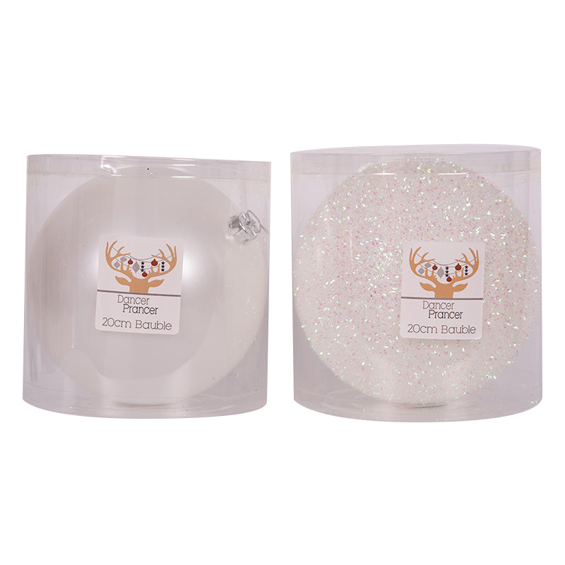 Large 20cm white Christmas bauble with pearl and tinsel finishes assorted