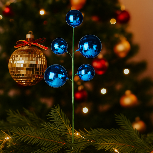 Mirrored blue bauble pick with six shiny ornaments on a green wired stem, 56cm long