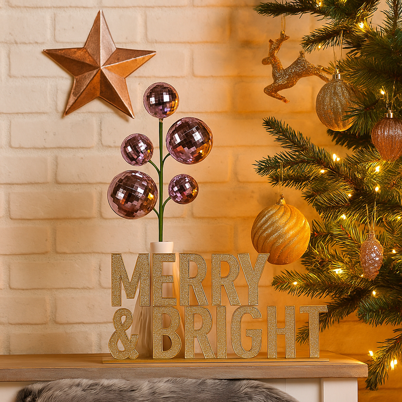 56cm mirrored pink bauble pick with six glossy ornaments on a green stem for Christmas decoration