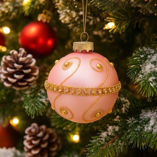 8cm pink glass bauble with gold swirl design and gold jewel embellishments