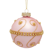 8cm pink glass bauble with gold swirl design and gold jewel embellishments