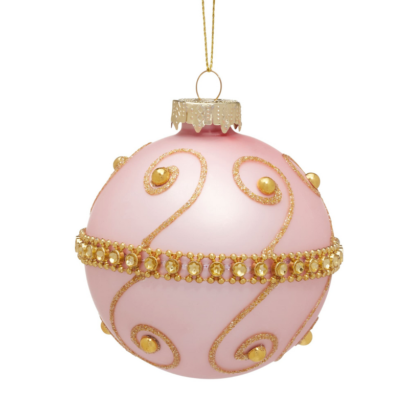 8cm pink glass bauble with gold swirl design and gold jewel embellishments