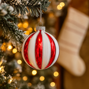 8cm red and white striped glass Christmas bauble ornament