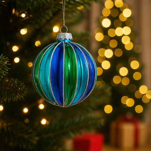 8cm rich blue and green glass bauble with glossy striped finish for Christmas décor