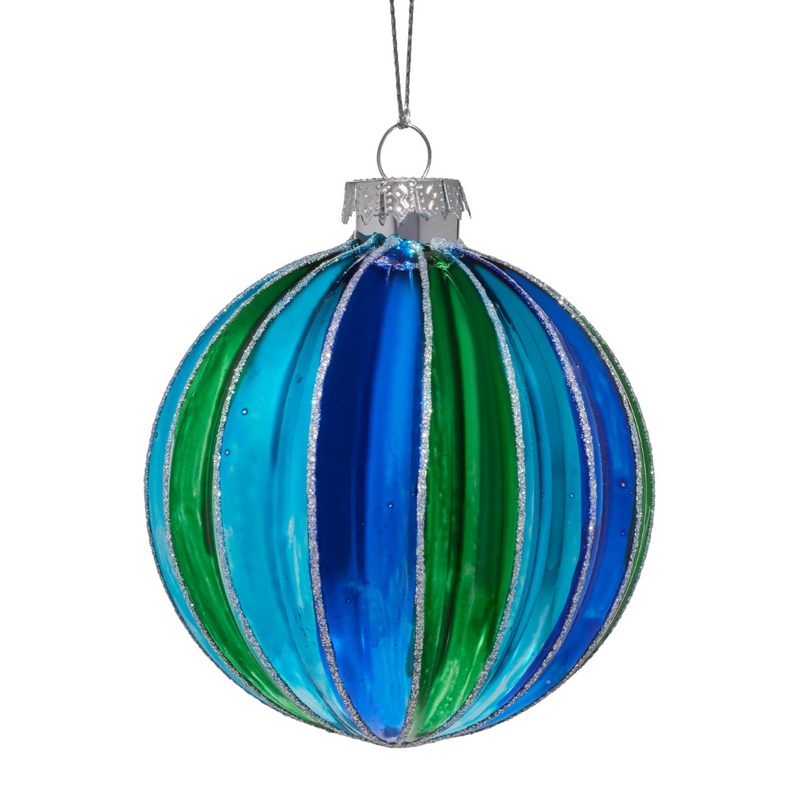 8cm rich blue and green glass bauble with glossy striped finish for Christmas décor