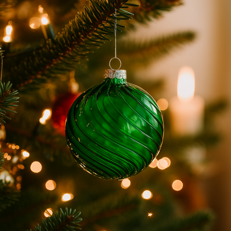 8cm rich green glass Christmas bauble with glossy finish and stripe pattern