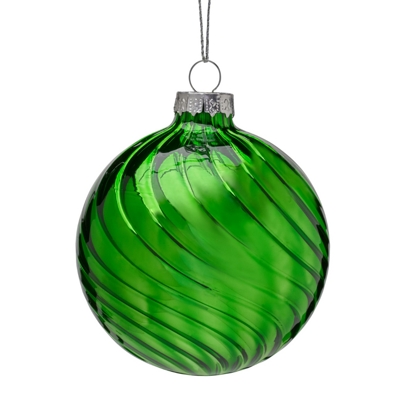 8cm rich green glass Christmas bauble with glossy finish and stripe pattern
