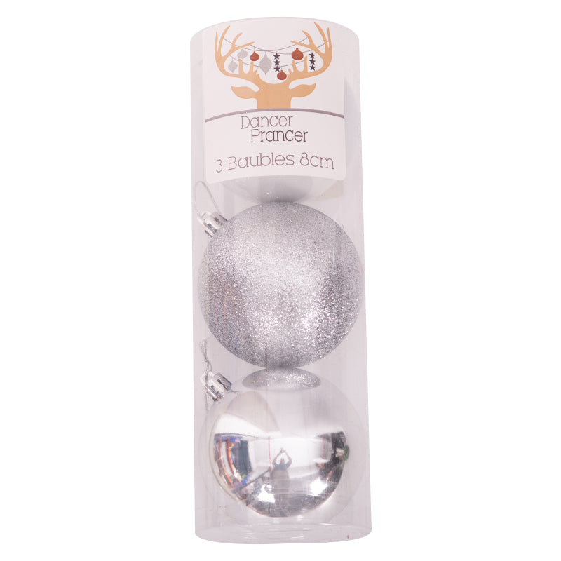 Silver shatterproof Christmas baubles 8cm set of 3 for holiday tree decoration
