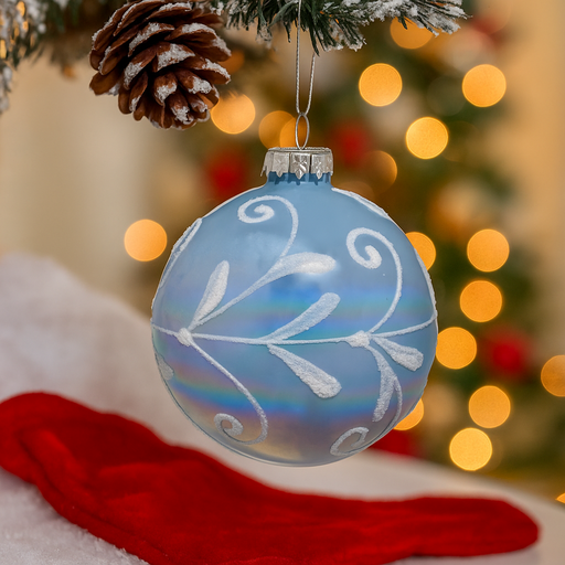 8cm slate blue glass Christmas bauble with glitter pattern and glossy finish