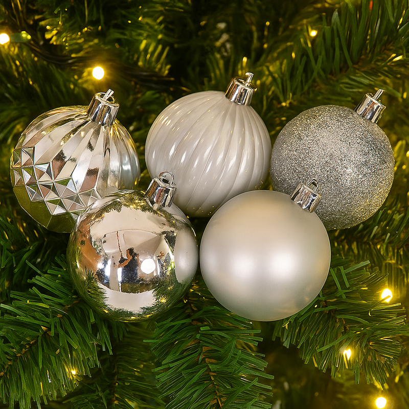 Set of 35 shatterproof Christmas baubles, 6cm assorted finishes, sleigh bells design