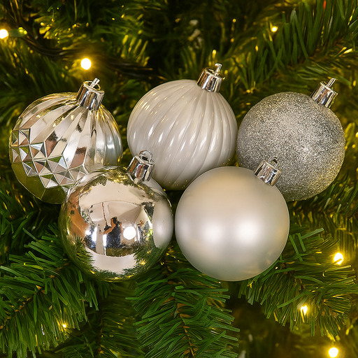 Set of 35 shatterproof Christmas baubles, 6cm assorted finishes, sleigh bells design