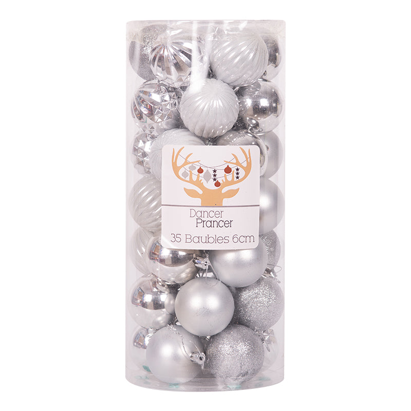 Set of 35 shatterproof Christmas baubles, 6cm assorted finishes, sleigh bells design