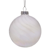 10cm white glass Christmas bauble with faint iridescent stripes