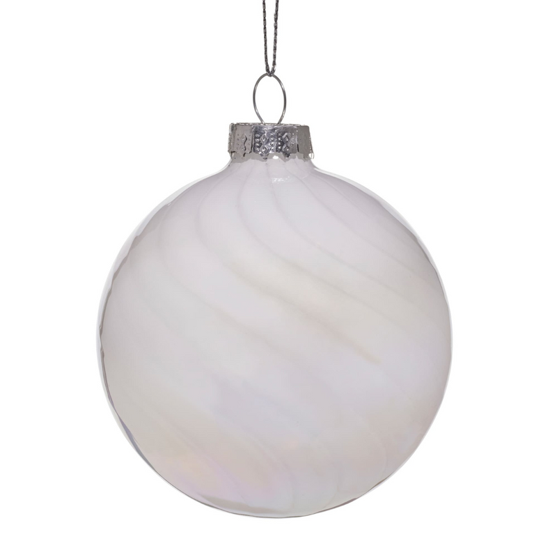 10cm white glass Christmas bauble with faint iridescent stripes