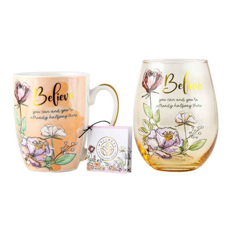 Ronis Believe Mug and Stemless Gift Set Mug 400ml Glass 600ml