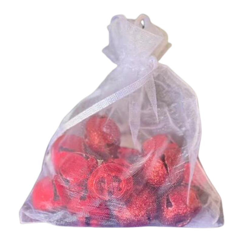Set of 15 red 2cm bells in a transparent organza drawstring bag for crafts and holiday décor