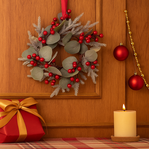 Berry and Leaf Wreath 24cm – Festive Christmas wreath with red berries and green foliage