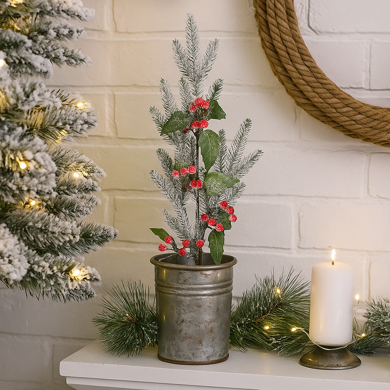 Artificial berry and pine stem 88cm Christmas floral decoration with red berries and green pine