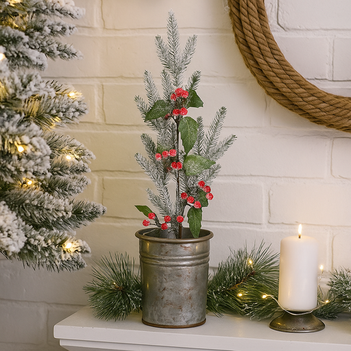 Artificial berry and pine stem 88cm Christmas floral decoration with red berries and green pine