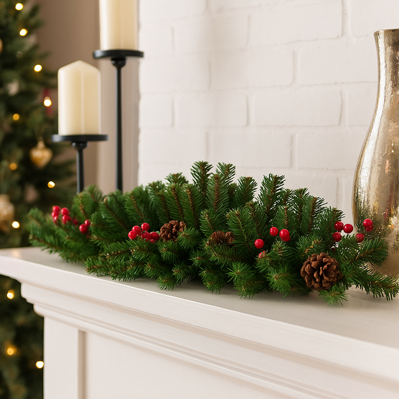90cm Christmas swag with 167 tips, red berries, and pinecones – festive door or mantel decoration