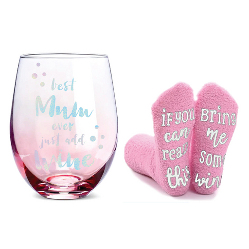 Ronis Best Mum Socks and Stemless Glass Set