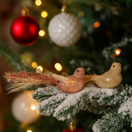 Decorative clip-on bird ornament in champagne and rose