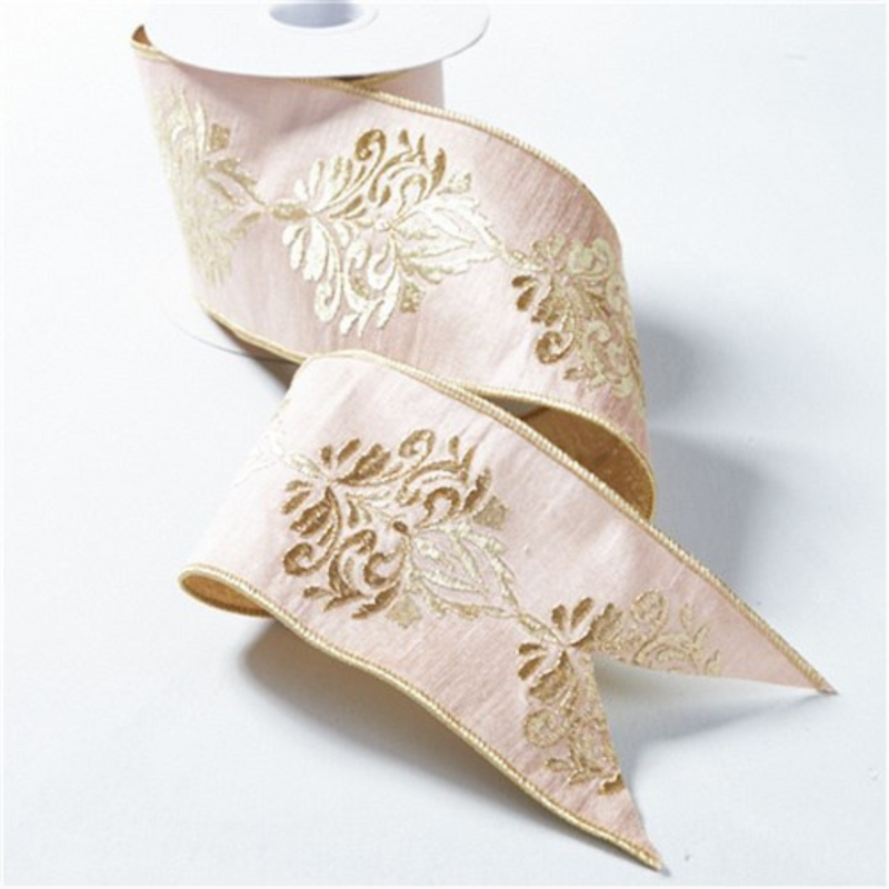 Ronis Blush Pink Dupion Ribbon W/Champagne Metallic Embroidery 10cmx5M