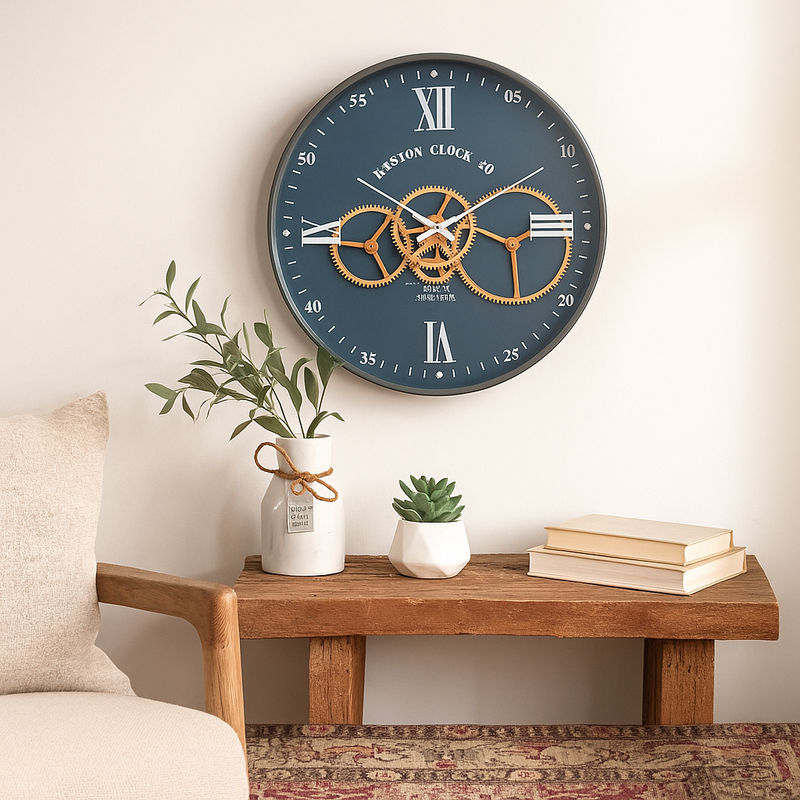 Boston Navy 40cm Round Wall Clock – Army Green Metal Frame with Exposed Gears and Roman Numerals