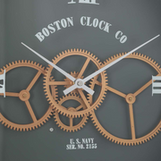 Boston Navy 40cm Round Wall Clock – Army Green Metal Frame with Exposed Gears and Roman Numerals