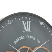 Boston Navy 40cm Round Wall Clock – Army Green Metal Frame with Exposed Gears and Roman Numerals