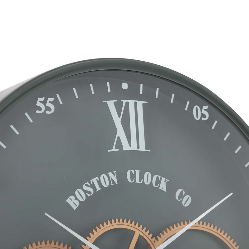 Boston Navy 40cm Round Wall Clock – Army Green Metal Frame with Exposed Gears and Roman Numerals