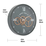 Boston Navy 40cm Round Wall Clock – Army Green Metal Frame with Exposed Gears and Roman Numerals