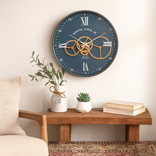 Boston Navy 40cm Round Wall Clock – Army Green Metal Frame with Exposed Gears and Roman Numerals