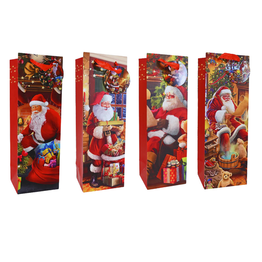 Ronis Bottle Bag Trad Santa Scene Glitter Assorted