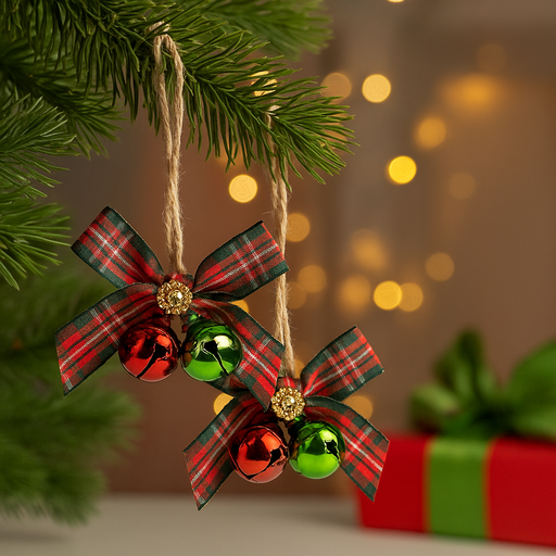 Assorted Christmas bows with red and green jingle bells for holiday décor