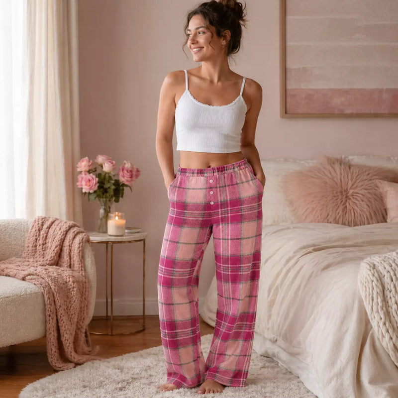 Boyfriend flannel pyjama pants with pockets in assorted Series 2 designs, offering soft, cosy comfort for sleep and relaxing at home.