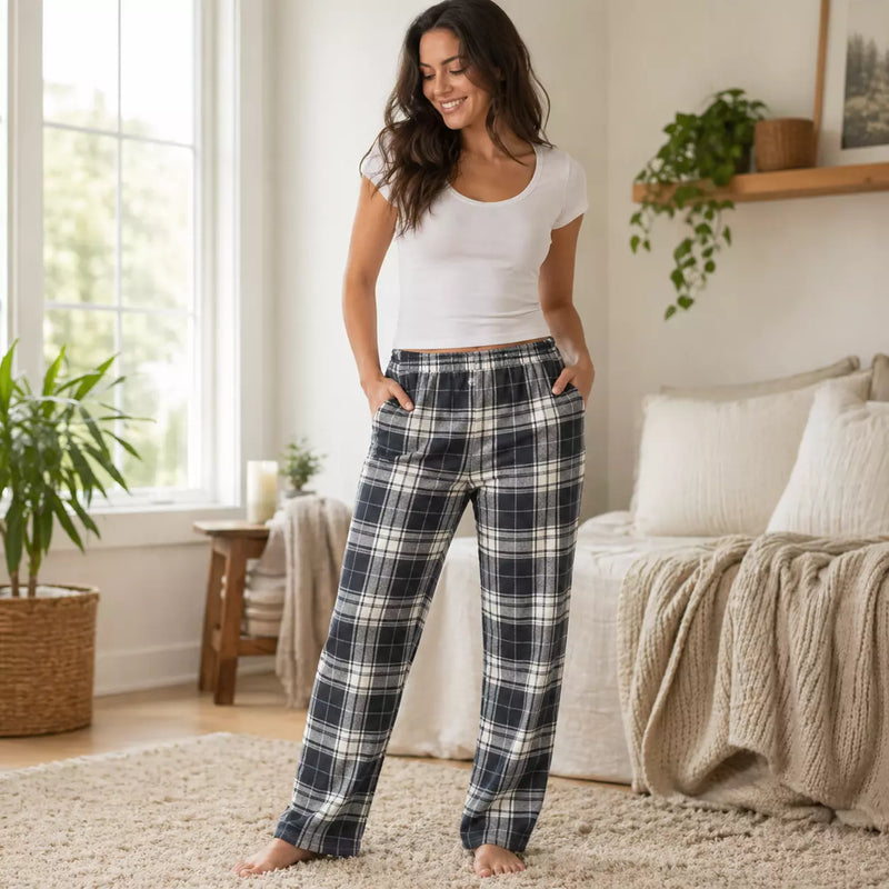 Boyfriend flannel pyjama pants with pockets in assorted Series 2 designs, offering soft, cosy comfort for sleep and relaxing at home.