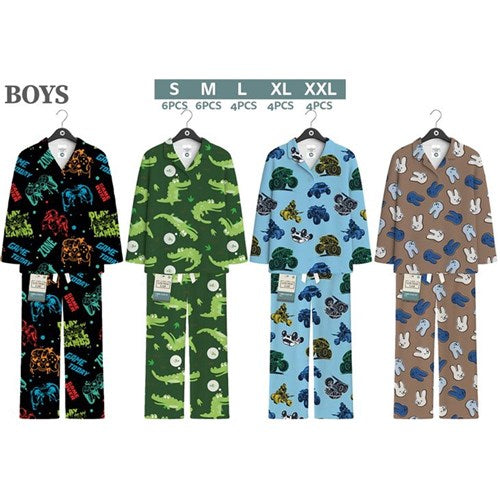 Boys fleece PJ button-up set in 4 assorted designs, featuring soft, warm comfort for cosy sleep and lounging on colder nights.