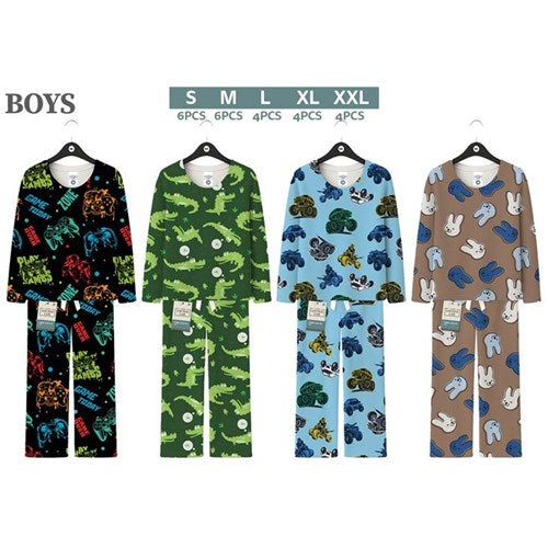 Boys fleece round neck PJ set in 4 assorted designs, featuring soft, warm comfort for cosy sleep and lounging on colder nights.