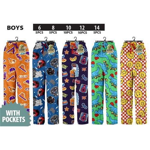 Boys PJ lounge pants with pockets in assorted designs, made for soft, comfortable sleep and everyday lounging.