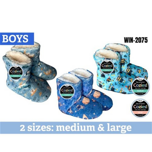 Boys sherpa slipper boots with robot and space design in assorted colours, warm cosy indoor boot slippers for winter