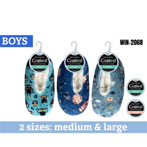Boys sherpa slippers with robot and space design in assorted colours, warm fluffy indoor slippers for cosy winter wear