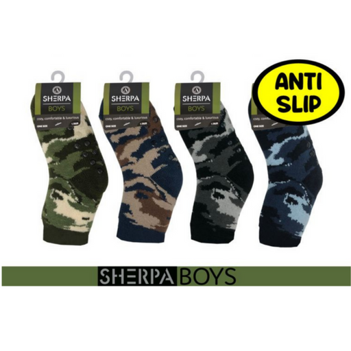 Boys sherpa socks with camouflage design in assorted colours, warm fluffy kids socks for cosy winter lounging