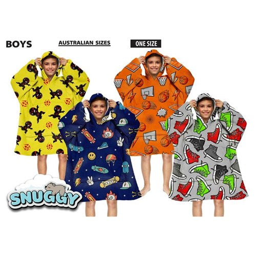 Boys Snuggy Sherpa hoodie in assorted printed designs, featuring ultra-soft sherpa fleece for warm, cosy comfort during chilly days and nights.