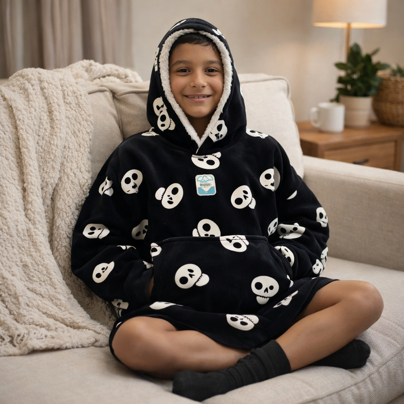 Boys Snuggy Sherpa hoodie in assorted printed designs, featuring ultra-soft sherpa fleece for warm, cosy comfort during chilly days and nights.