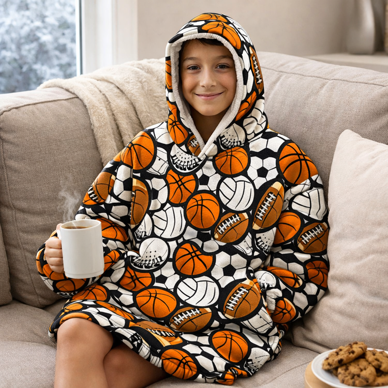 Boys Snuggy Sherpa hoodie in assorted printed designs, featuring ultra-soft sherpa fleece for warm, cosy comfort during chilly days and nights.