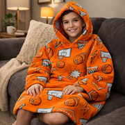 Boys Snuggy Sherpa hoodie in assorted printed designs, featuring ultra-soft sherpa fleece for warm, cosy comfort during chilly days and nights. – thumbnail