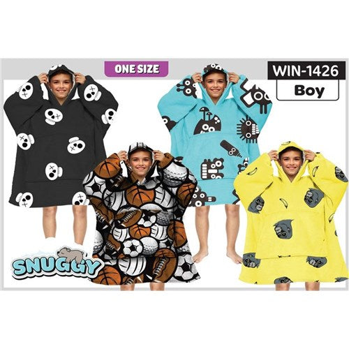 Boys Snuggy Sherpa hoodie in assorted printed designs, featuring ultra-soft sherpa fleece for warm, cosy comfort during chilly days and nights.