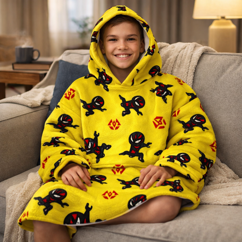 Boys Snuggy Sherpa hoodie in assorted printed designs, featuring ultra-soft sherpa fleece for warm, cosy comfort during chilly days and nights.